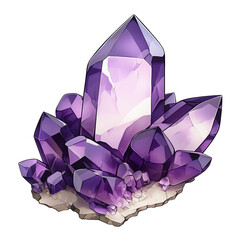 Poster - Amethyst crystal cluster with vibrant purple hues isolated on white background, showcasing its natural beauty and geometric formations
