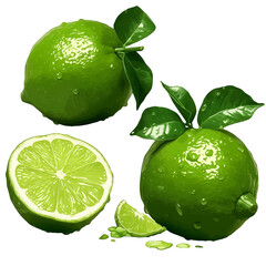 Aufkleber - Fresh green bergamot with leaves and water droplets, isolated on white background, showcasing its vibrant color and texture. citrus fruit is cut open, revealing its juicy interior