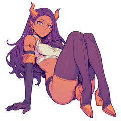 Aufkleber - A purple haired anime character with horns sits casually, wearing white top, purple thigh high stockings, and orange heels. character