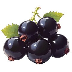 Poster - cluster of fresh blackcurrants with vibrant green leaves isolated on white background, showcasing their glossy texture and rich color. Perfect for illustrating natural fruit themes