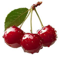 Poster - Three vibrant Brazilian cherries with water droplets and green leaf on white background. cherries appear fresh and juicy, showcasing their rich red color and glossy texture