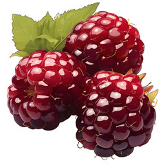 Aufkleber - Three ripe boysenberries with vibrant green leaves on white background, showcasing their glossy, deep red color and juicy texture. Perfect for illustrating fresh, delicious fruit