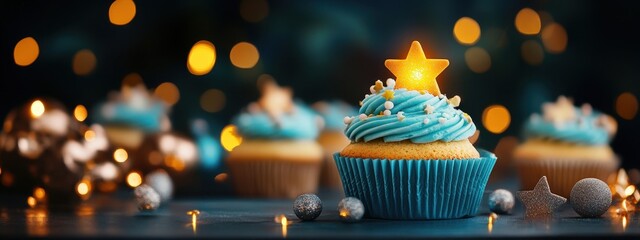 Delicious cupcake with blue frosting and star decoration, set against a glowing background of festive lights, perfect for celebrations and sweet events.