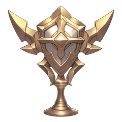 Poster - golden trophy with shield design and sharp accents, symbolizing victory and achievement, isolated on white background. intricate details and metallic shine convey sense of prestige and honor