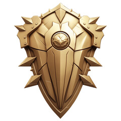 Poster - golden shield with intricate designs and spikes, symbolizing strength and protection, isolated on white background. metallic surface reflects light, enhancing its majestic appearance