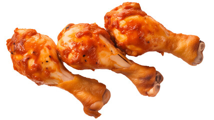 Poster - Three deliciously cooked chicken drumsticks with golden brown glaze are isolated on white background, showcasing their appetizing appearance
