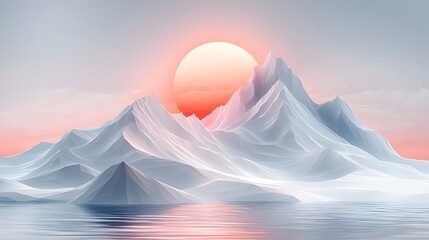 Wall Mural - A serene landscape of majestic mountains with a soft, glowing sun rising in the background, bathed in warm hues of pink and orange against a tranquil water surface.