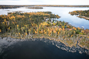 Wall Mural - A beautiful lake with trees and houses in the background