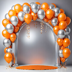 Wall Mural - arch with orange and silver balloons and confetti