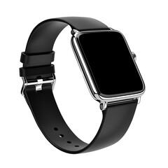 Poster - sleek black fitness tracker with square face and adjustable strap, isolated on white background, showcasing modern design and technology