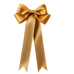 Poster - Golden ribbon bow with long tails isolated on white background, showcasing elegance and celebration. Perfect for gift wrapping, awards, or festive decorations
