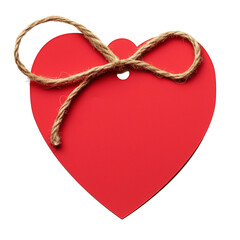 Poster - red heart shaped gift tag with rustic twine bow is isolated on white background, perfect for adding personal touch to gifts