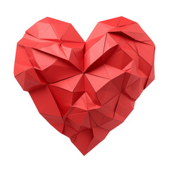 Poster - red, geometric heart shaped paper craft with intricate folds and facets, isolated on white background, showcasing creativity and design