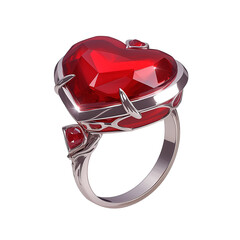 Poster - Heart shaped red gemstone ring with silver band, isolated on white background, showcasing elegance and romance. Perfect for special occasions or as unique gift