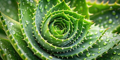 Sticker - Closeup of spiral aloe vera plant with water drops, spiral aloe vera, succulent, plant, green, closeup, water drops, nature