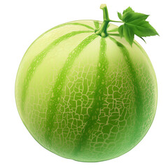 Poster - fresh honeydew melon with vibrant green rind and small leaf attached, isolated on white background, showcasing its natural texture and color