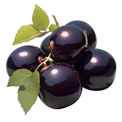 Poster - Jabuticaba fruit with glossy dark purple skin and green leaves isolated on white background, showcasing its fresh and vibrant appearance