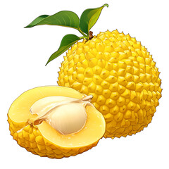 Poster - Whole and sliced jackfruit with green leaves on white background, showcasing its vibrant yellow color and unique texture. fruit is fresh and tropical, perfect for healthy eating