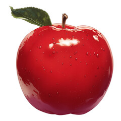Poster - vibrant red apple with glossy surface and single green leaf, isolated on white background, showcasing freshness and natural beauty