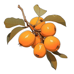 Poster - Loquat fruit cluster with green leaves on white background, showcasing vibrant colors and natural texture. image highlights freshness and appeal of loquats