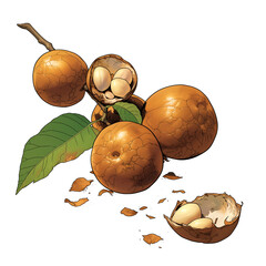 Poster - Longan fruit with cracked shells and seeds on white background, showcasing its texture and natural appearance. vibrant colors and detailed depiction highlight fruit unique characteristics