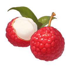 Poster - Juicy lychee fruit with vibrant red skin and glossy green leaves, showcasing its white, fleshy interior. fresh and tropical appearance evokes sense of exotic delight