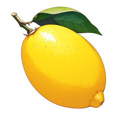 Aufkleber - vibrant yellow lemon with glossy surface and green leaf attached, isolated on white background, showcasing its fresh and juicy appearance