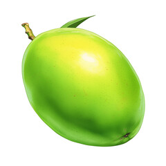 Poster - vibrant green mango with leaf attached, isolated on white background, showcasing its smooth texture and fresh appearance. Perfect for illustrating tropical fruit concepts