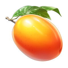 Poster - vibrant, ripe mango with smooth, glossy surface and green leaves, isolated on white background, showcasing its fresh and juicy appearance
