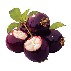 Poster - Mangosteen fruit with vibrant purple skin and green leaves, showcasing its juicy white interior. tropical fruit is isolated on white background, highlighting its freshness and exotic appeal