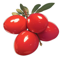 Poster - Vibrant red miracle fruit with glossy skin and green leaves isolated on white background, showcasing its unique appearance and potential health benefits