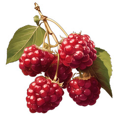 Poster - cluster of ripe red raspberries with green leaves on white background, showcasing their vibrant color and juicy texture. Perfect for illustrating fresh, organic produce