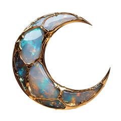 Poster - crescent moon emblem with opal textures and golden accents, isolated on white background, exudes mystical and elegant aura