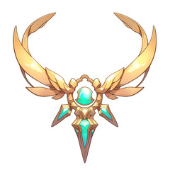 Poster - Golden emblem with opal centerpiece and wing like extensions, isolated on white background, exuding elegance and mystique