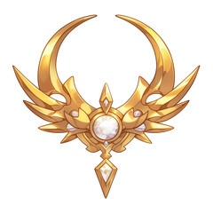 Poster - Golden crescent emblem with intricate winged design and central gemstone, isolated on white background. emblem exudes elegance and sense of power