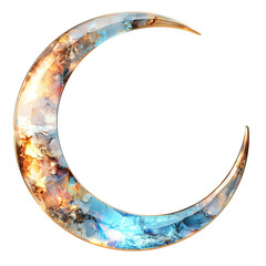 Poster - crescent moon emblem with vibrant, multicolored opal texture, isolated on white background, showcasing blend of blue, orange, and gold hues