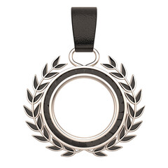 Poster - Silver medal with laurel wreath design and black ribbon, symbolizing achievement and excellence. medal is isolated on white background, highlighting its intricate details