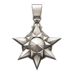 Poster - silver star shaped medal with intricate geometric design, symbolizing outstanding achievement and excellence, isolated on white background