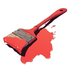 Aufkleber - red paintbrush with wooden handle is covered in vibrant red paint, creating splash effect on white background. image captures dynamic motion and vivid color of paint