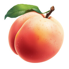 Poster - Peach with dewdrops and green leaf isolated on white background, showcasing freshness and vibrant color. Perfect for illustrating natural and organic produce