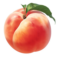 Poster - ripe, juicy peach with vibrant orange hue and single green leaf is isolated on white background, showcasing its smooth texture and natural beauty