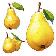 Poster - Juicy yellow pears with green leaves isolated on white background, showcasing their glossy texture and fresh appearance. Perfect for healthy eating and natural food concepts