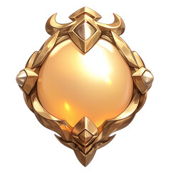 Poster - golden, ornate badge with central pearl orb, featuring intricate geometric designs and polished finish, isolated on white background