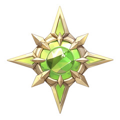 Poster - vibrant green gemstone badge with sunburst design, featuring sharp golden points and central peridot like gem, isolated on white background