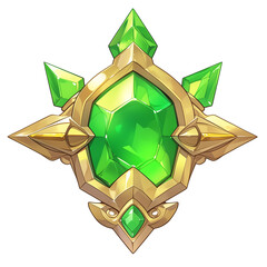 Poster - vibrant green gemstone badge with sunburst design, featuring central peridot surrounded by gold accents and geometric shapes, isolated on white background