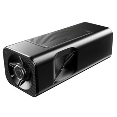 Poster - Sleek black portable projector with modern design, isolated on white background. Ideal for home entertainment and presentations, featuring compact size and advanced technology