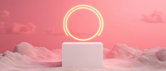 Poster - Abstract design featuring glowing circular lines over a serene pink background.