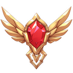 Poster - golden emblem with large red gemstone at its center, featuring intricate wing like designs, isolated on white background. emblem exudes sense of prestige and elegance