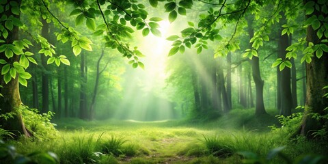 Wall Mural - Lush green forest with soft light and leaves , nature, forest, greenery, foliage, trees, outdoor, environment, peaceful