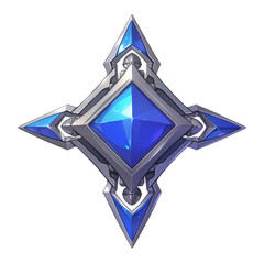 Poster - striking blue geometric emblem with central sapphire like diamond shape, surrounded by metallic accents and triangular points, isolated on white background